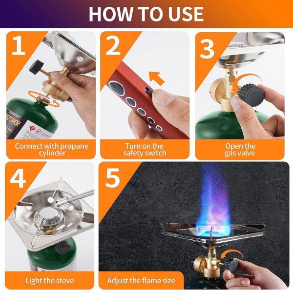 BottleTop Propane Stove with Adjustable Burner,Portable Camping/Backpacking Cooker 10000BTU,Camping Stove Propane,Single Burner Propane Stove,Camp Gas Stove with a USB Ligther (Fuel not included) - Image 3