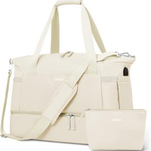 Gym Bag for Women, Personal Item Travel Bag with Shoes Compartment, Weekender Overnight Duffel Bag with Wet Pocket & USB Charging Port, Carry On Bag for Women, Travel, Gym, Weekend (Beige)