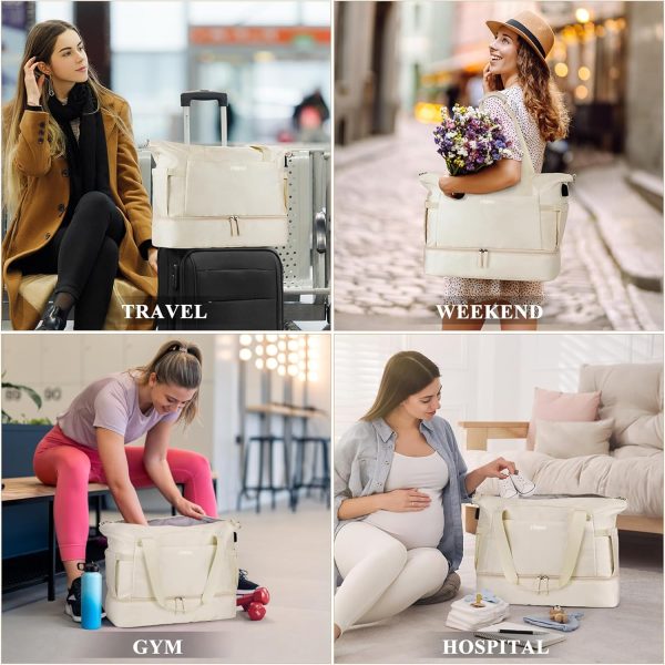 Gym Bag for Women, Personal Item Travel Bag with Shoes Compartment, Weekender Overnight Duffel Bag with Wet Pocket & USB Charging Port, Carry On Bag for Women, Travel, Gym, Weekend (Beige) - Image 4