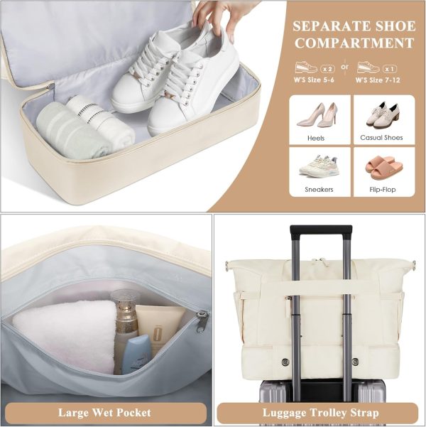 Gym Bag for Women, Personal Item Travel Bag with Shoes Compartment, Weekender Overnight Duffel Bag with Wet Pocket & USB Charging Port, Carry On Bag for Women, Travel, Gym, Weekend (Beige) - Image 5
