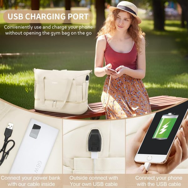 Gym Bag for Women, Personal Item Travel Bag with Shoes Compartment, Weekender Overnight Duffel Bag with Wet Pocket & USB Charging Port, Carry On Bag for Women, Travel, Gym, Weekend (Beige) - Image 7